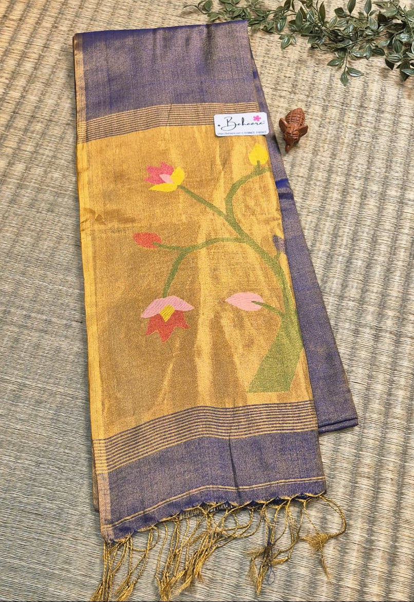 Springtime Serenity | Cobalt Shimmer Tissue Linen Saree with Paithani Motif