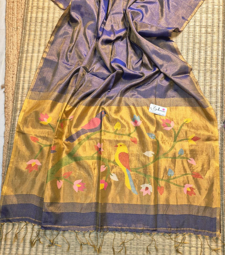 Springtime Serenity | Cobalt Shimmer Tissue Linen Saree with Paithani Motif