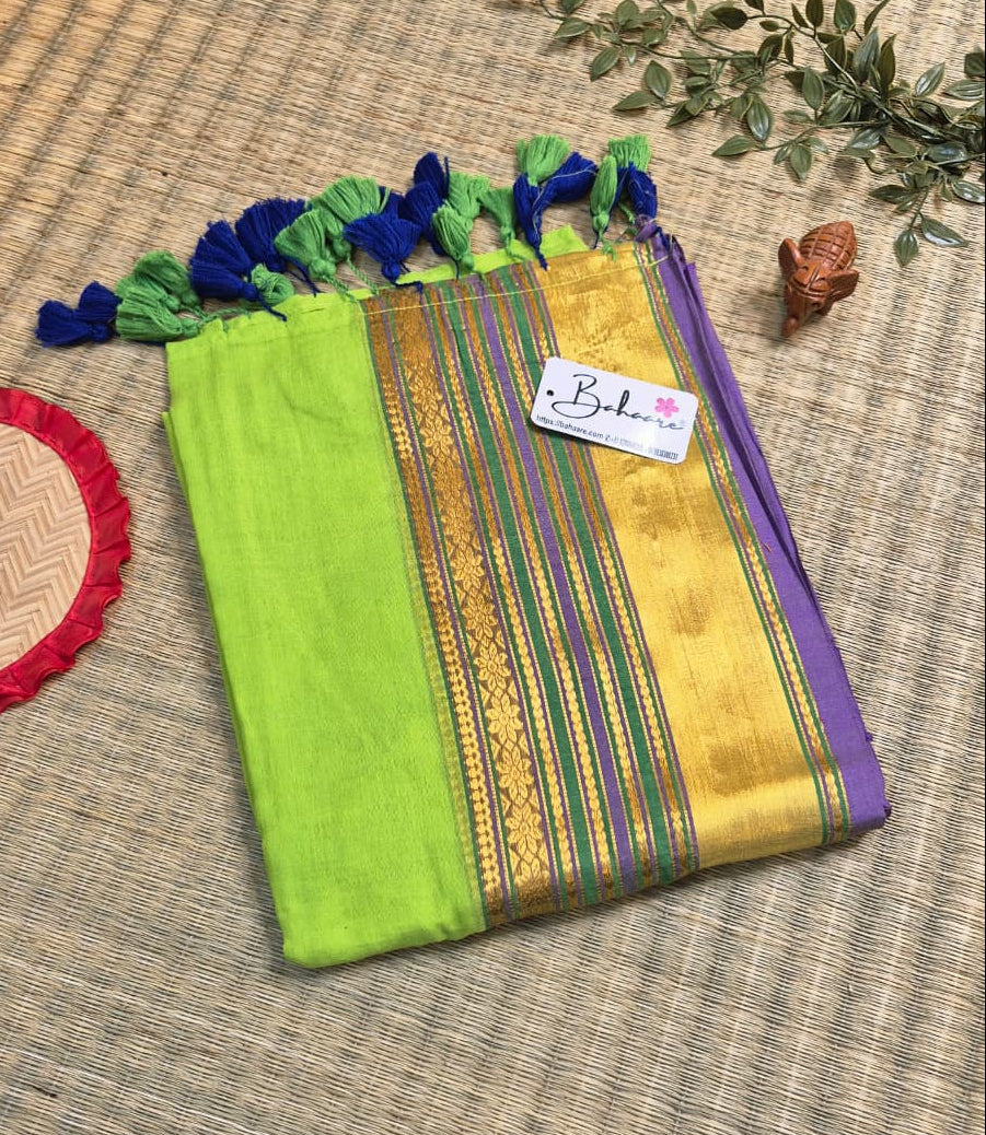 Noor | Mayura Green Mul Mul Cotton Saree with Golden Zari Border