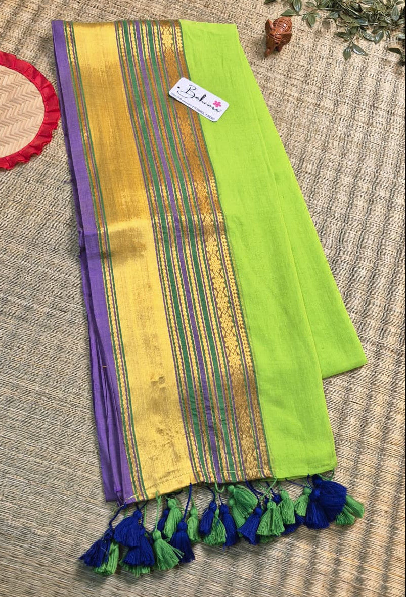 Noor | Mayura Green Mul Mul Cotton Saree with Golden Zari Border