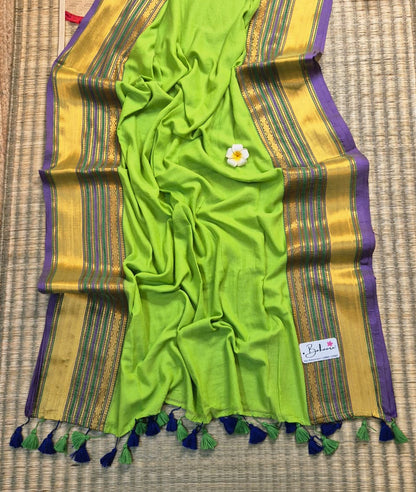 Noor | Mayura Green Mul Mul Cotton Saree with Golden Zari Border