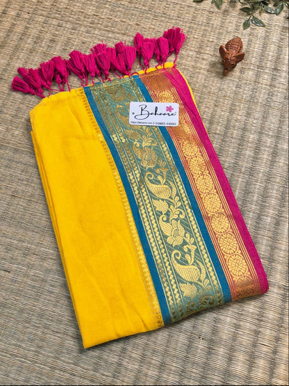 Cotton Galleria | Traditional Yellow Handwoven Premium Cotton Saree with Golden Zari Border