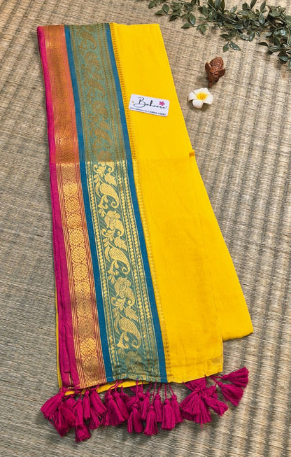 Cotton Galleria | Traditional Yellow Handwoven Premium Cotton Saree with Golden Zari Border