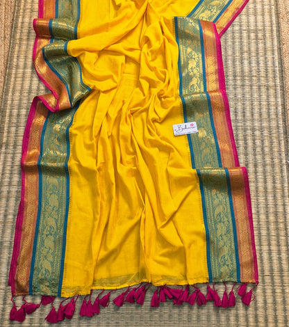 Cotton Galleria | Traditional Yellow Handwoven Premium Cotton Saree with Golden Zari Border