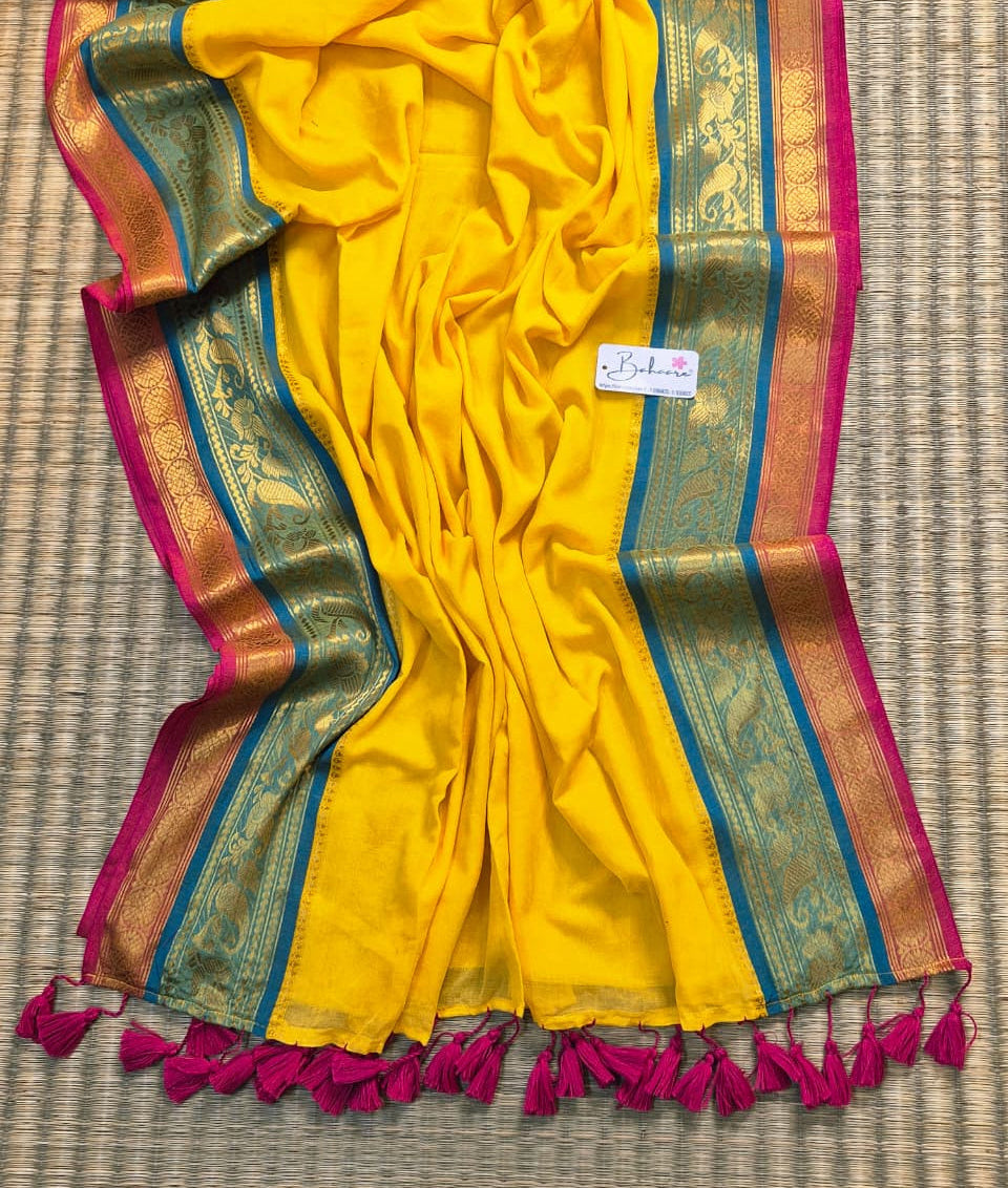Cotton Galleria | Traditional Yellow Handwoven Premium Cotton Saree with Golden Zari Border