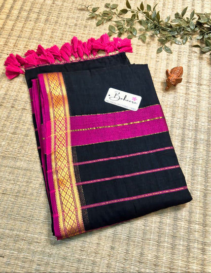 Cotton Galleria | Ananta Black Handwoven Premium Cotton Saree with Golden Zari Border