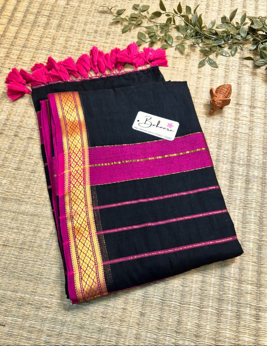 Cotton Galleria | Ananta Black Handwoven Premium Cotton Saree with Golden Zari Border