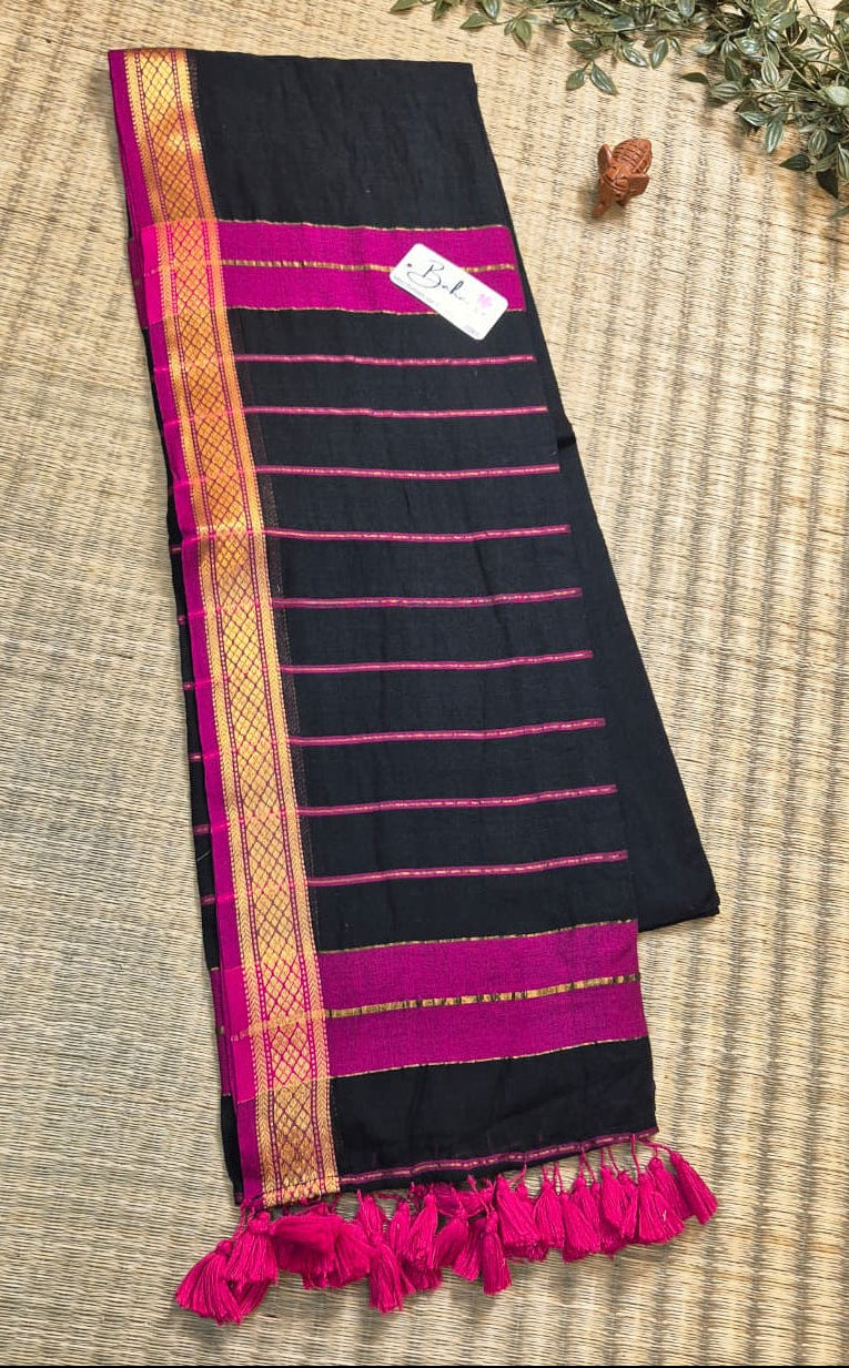 Cotton Galleria | Ananta Black Handwoven Premium Cotton Saree with Golden Zari Border