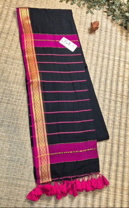 Cotton Galleria | Ananta Black Handwoven Premium Cotton Saree with Golden Zari Border