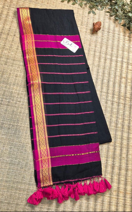 Cotton Galleria | Ananta Black Handwoven Premium Cotton Saree with Golden Zari Border