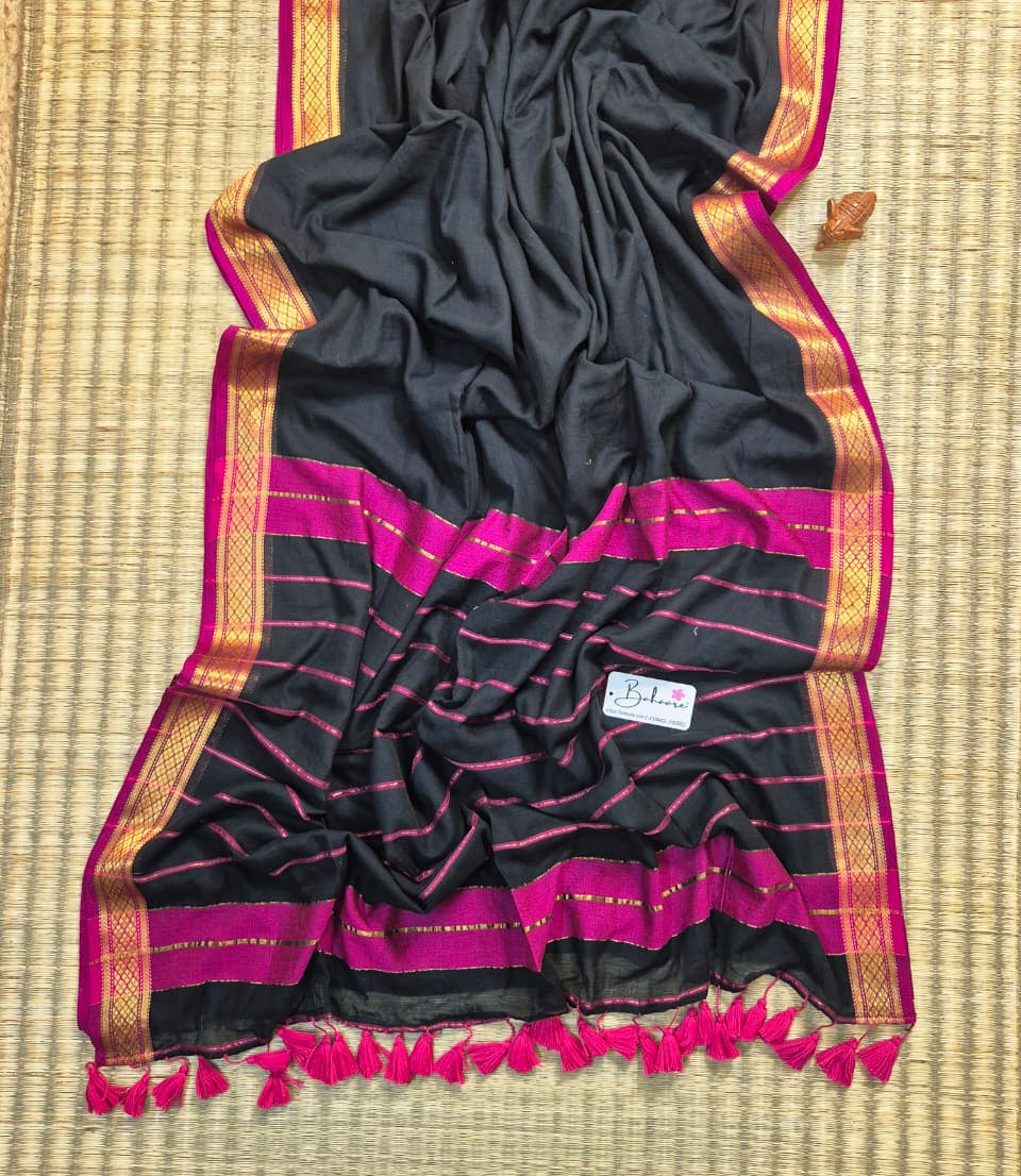 Cotton Galleria | Ananta Black Handwoven Premium Cotton Saree with Golden Zari Border
