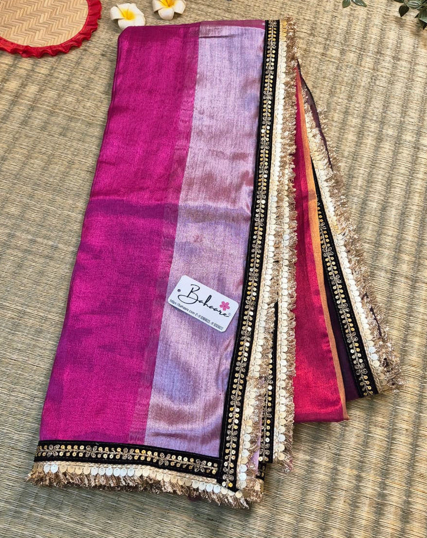 Megha | Multicoloured Tissue Saree with Designer Zari Lace