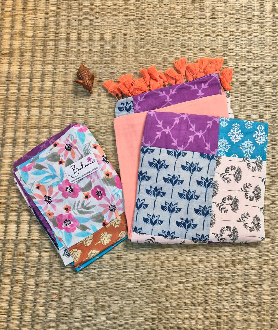 Cotton Galleria | Peach Pastel Cotton Saree with Multicoloured Patchwork Pallu