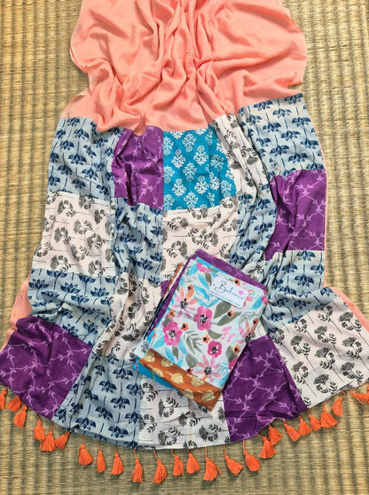 Cotton Galleria | Peach Pastel Cotton Saree with Multicoloured Patchwork Pallu