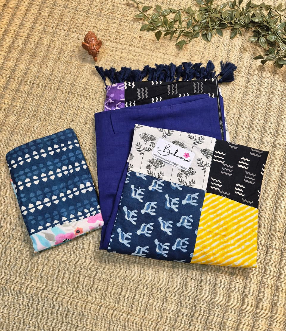 Cotton Galleria | Navy Blue Cotton Saree with Multicoloured Patchwork Pallu