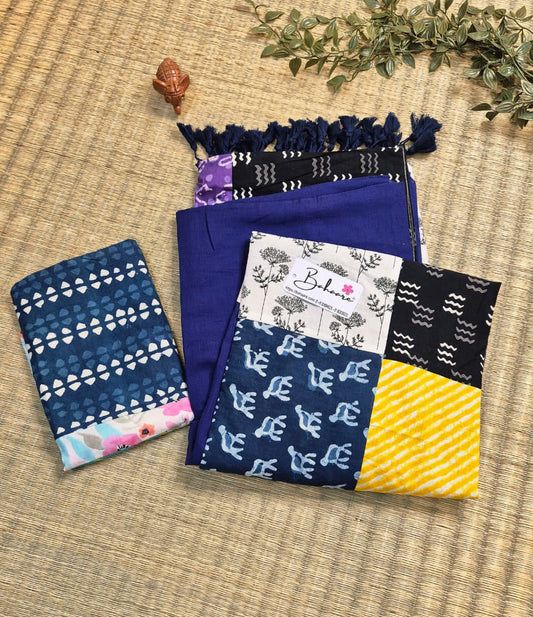 Cotton Galleria | Navy Blue Cotton Saree with Multicoloured Patchwork Pallu