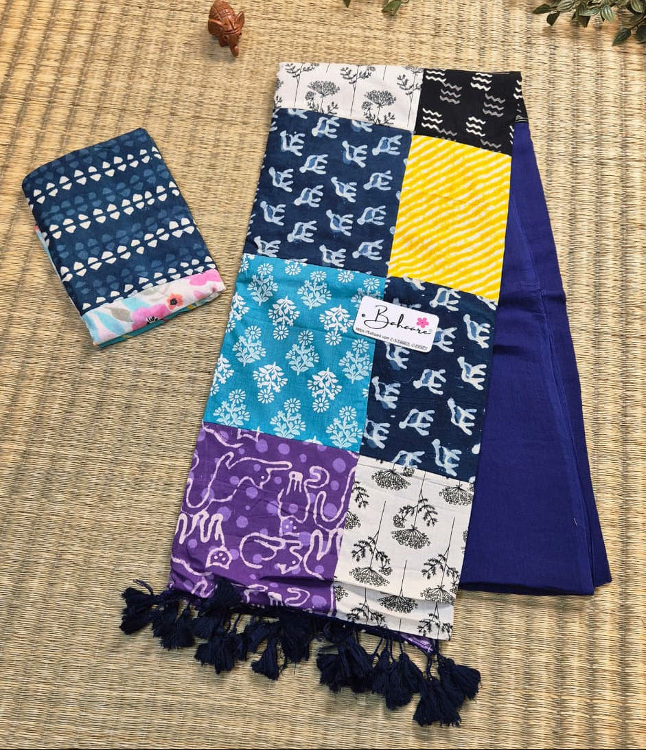 Cotton Galleria | Navy Blue Cotton Saree with Multicoloured Patchwork Pallu