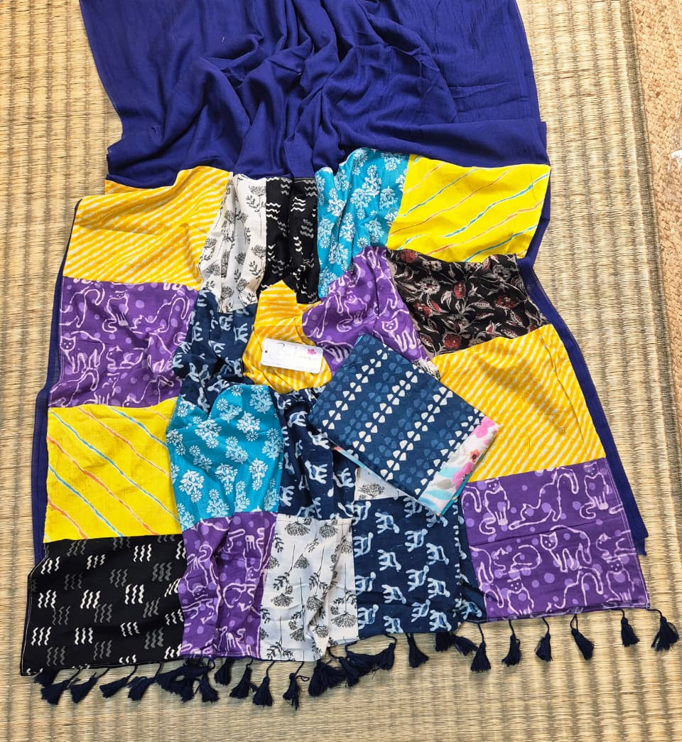 Cotton Galleria | Navy Blue Cotton Saree with Multicoloured Patchwork Pallu
