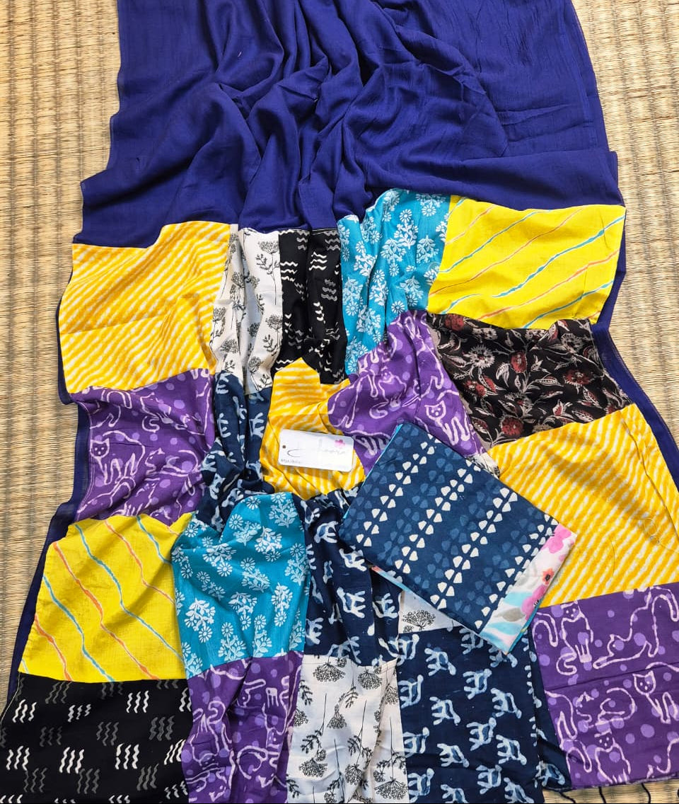 Cotton Galleria | Navy Blue Cotton Saree with Multicoloured Patchwork Pallu