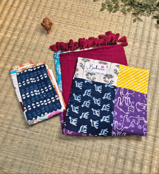 Cotton Galleria | Deep Maroon Cotton Saree with Multicoloured Patchwork Pallu