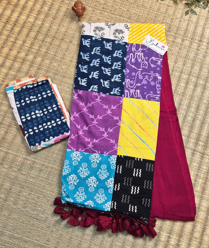 Cotton Galleria | Deep Maroon Cotton Saree with Multicoloured Patchwork Pallu