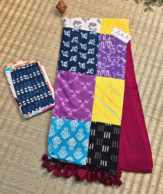 Cotton Galleria | Deep Maroon Cotton Saree with Multicoloured Patchwork Pallu