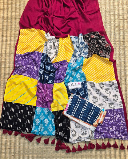 Cotton Galleria | Deep Maroon Cotton Saree with Multicoloured Patchwork Pallu