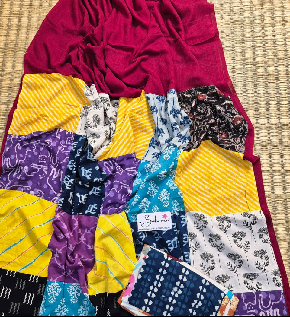 Cotton Galleria | Deep Maroon Cotton Saree with Multicoloured Patchwork Pallu