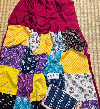 Cotton Galleria | Deep Maroon Cotton Saree with Multicoloured Patchwork Pallu