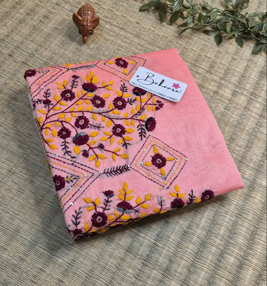 Cotton Galleria | Rosy Peach Phulkari Hand Embroidery Chanderi Cotton-Silk Saree