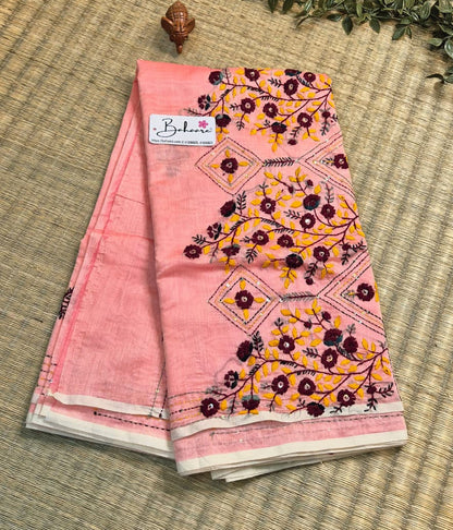 Cotton Galleria | Rosy Peach Phulkari Hand Embroidery Chanderi Cotton-Silk Saree