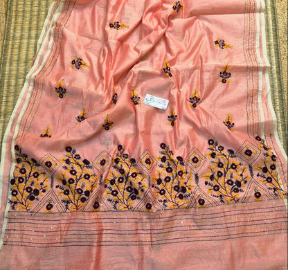 Cotton Galleria | Rosy Peach Phulkari Hand Embroidery Chanderi Cotton-Silk Saree