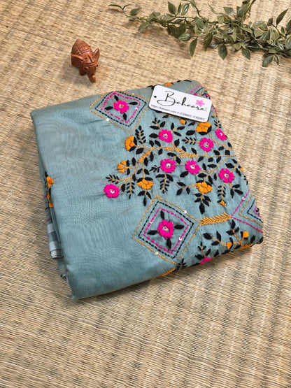 Cotton Galleria | Aquamarine Phulkari Hand Embroidery Chanderi Cotton-Silk Saree