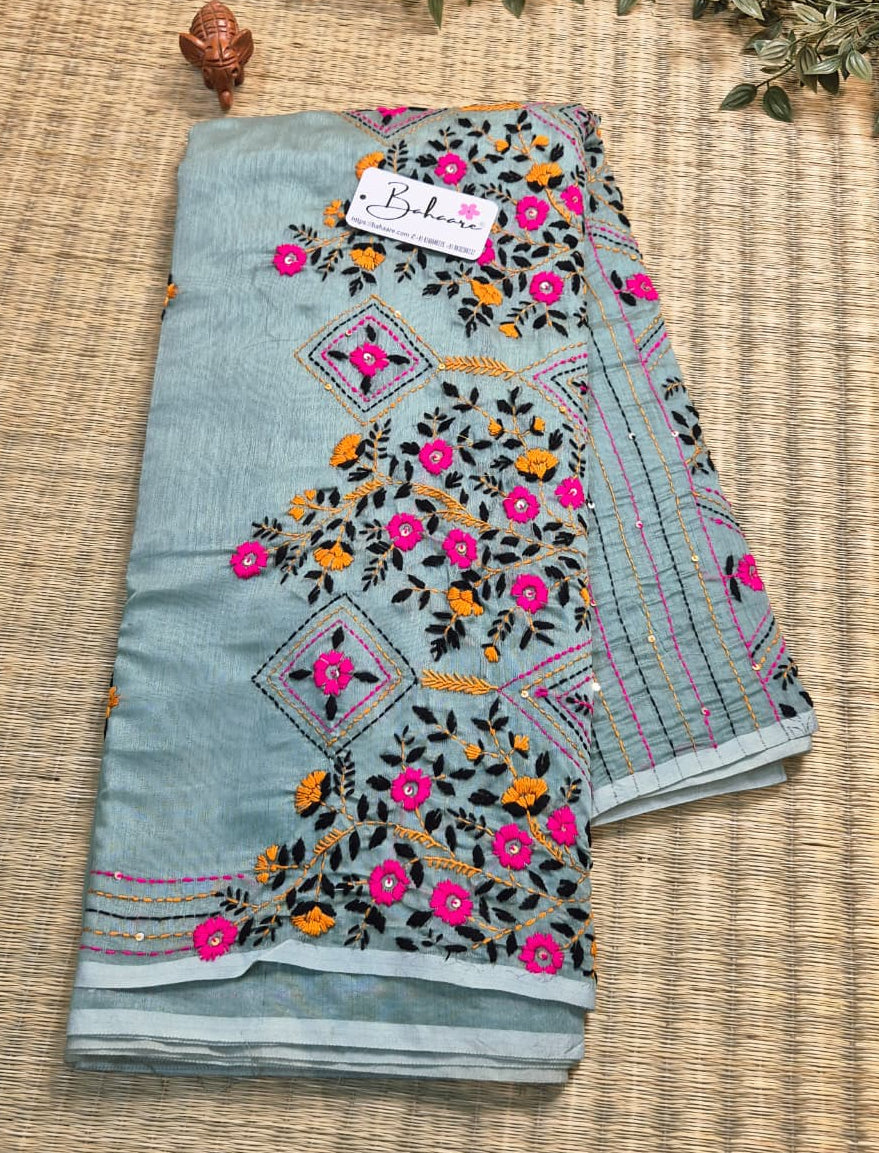Cotton Galleria | Aquamarine Phulkari Hand Embroidery Chanderi Cotton-Silk Saree