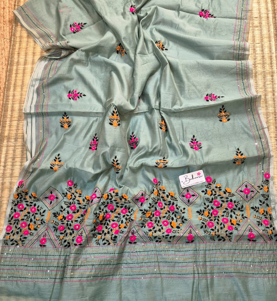 Cotton Galleria | Aquamarine Phulkari Hand Embroidery Chanderi Cotton-Silk Saree