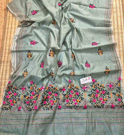 Cotton Galleria | Aquamarine Phulkari Hand Embroidery Chanderi Cotton-Silk Saree