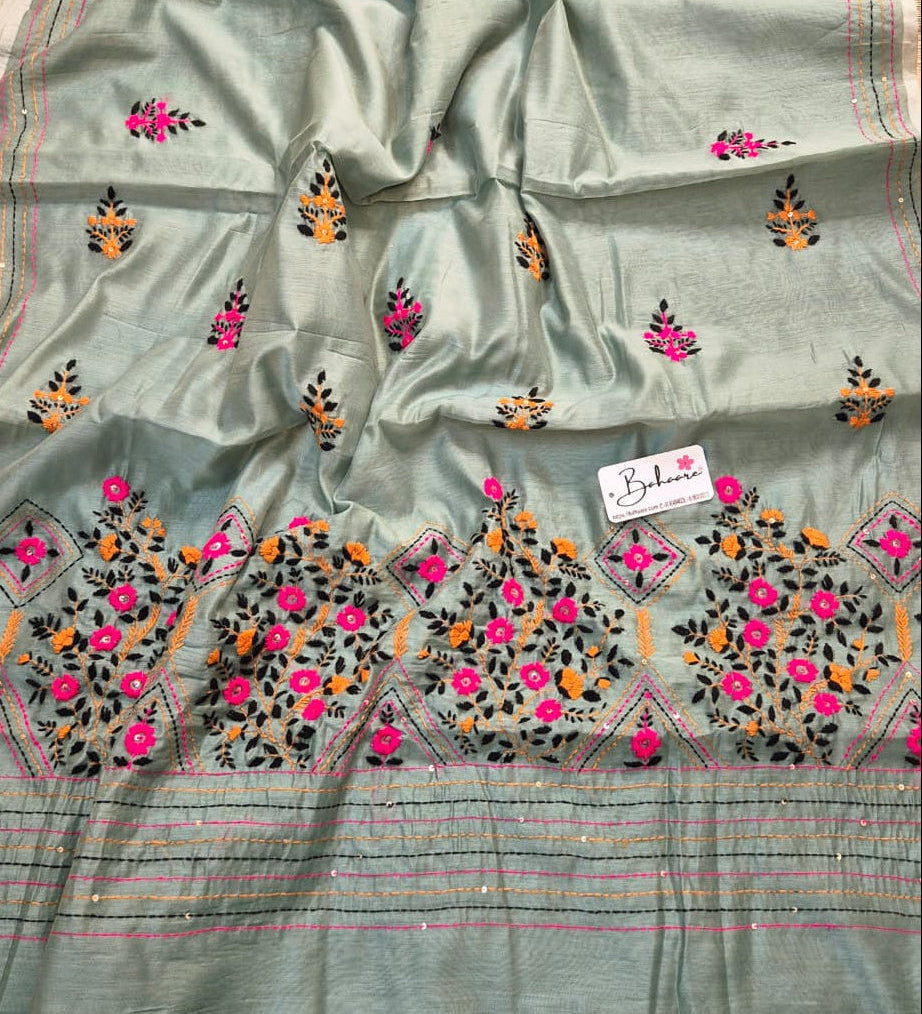 Cotton Galleria | Aquamarine Phulkari Hand Embroidery Chanderi Cotton-Silk Saree