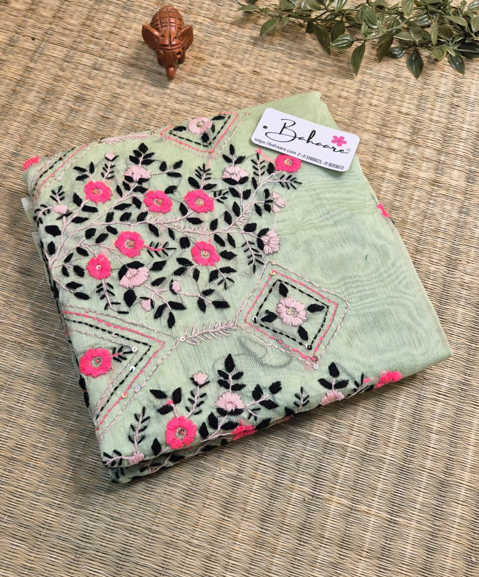 Cotton Galleria | Light Olive Green Phulkari Hand Embroidery Chanderi Cotton-Silk Saree