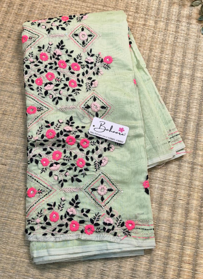 Cotton Galleria | Light Olive Green Phulkari Hand Embroidery Chanderi Cotton-Silk Saree