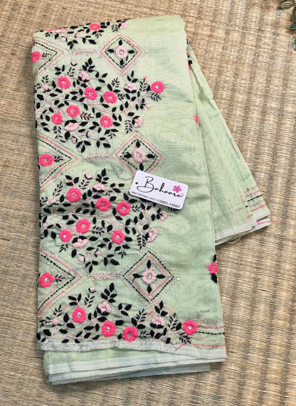 Cotton Galleria | Light Olive Green Phulkari Hand Embroidery Chanderi Cotton-Silk Saree