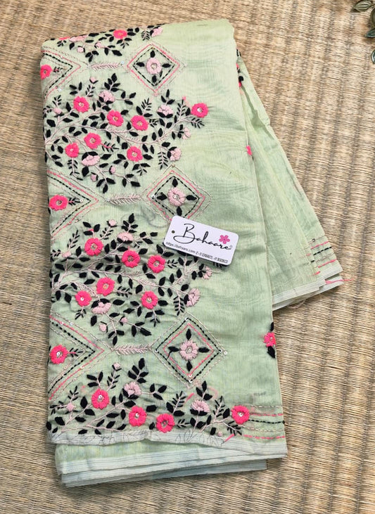 Cotton Galleria | Light Olive Green Phulkari Hand Embroidery Chanderi Cotton-Silk Saree
