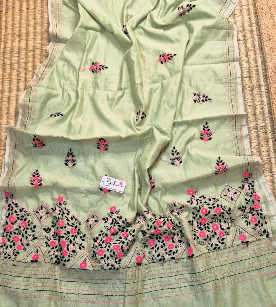 Cotton Galleria | Light Olive Green Phulkari Hand Embroidery Chanderi Cotton-Silk Saree