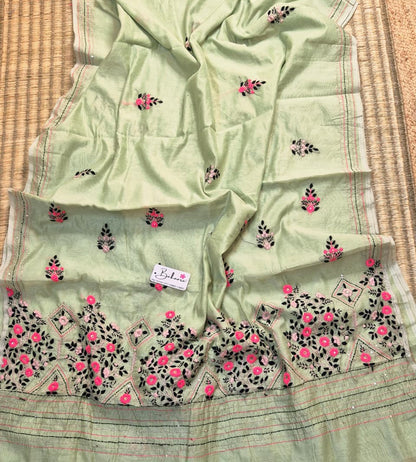 Cotton Galleria | Light Olive Green Phulkari Hand Embroidery Chanderi Cotton-Silk Saree