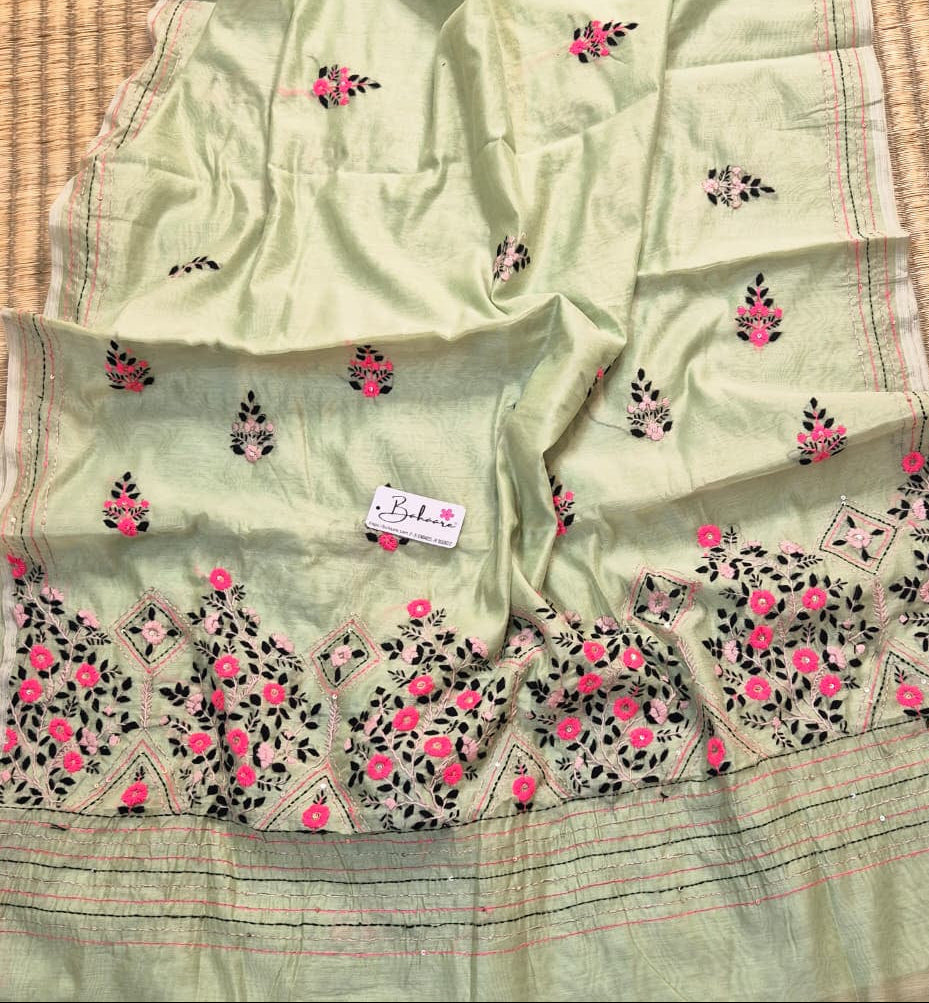 Cotton Galleria | Light Olive Green Phulkari Hand Embroidery Chanderi Cotton-Silk Saree