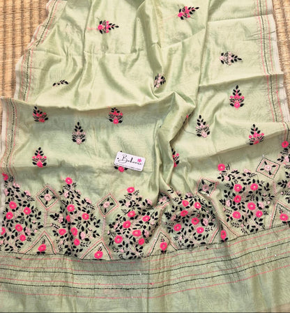 Cotton Galleria | Light Olive Green Phulkari Hand Embroidery Chanderi Cotton-Silk Saree