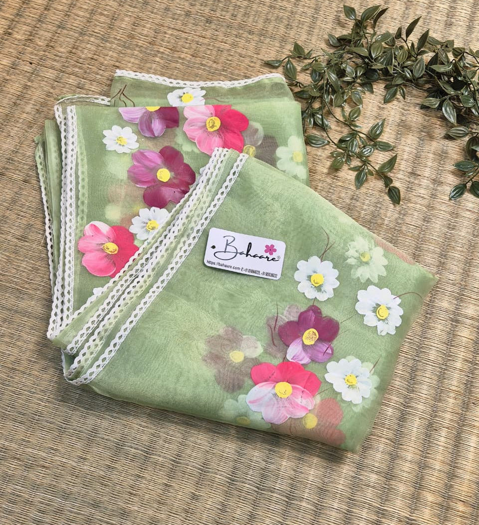 Utsav | Light Olive Organza Silk Saree with Flower Hand Painted Design