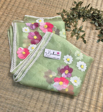 Utsav | Light Olive Organza Silk Saree with Flower Hand Painted Design