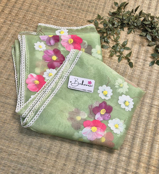 Utsav | Light Olive Organza Silk Saree with Flower Hand Painted Design