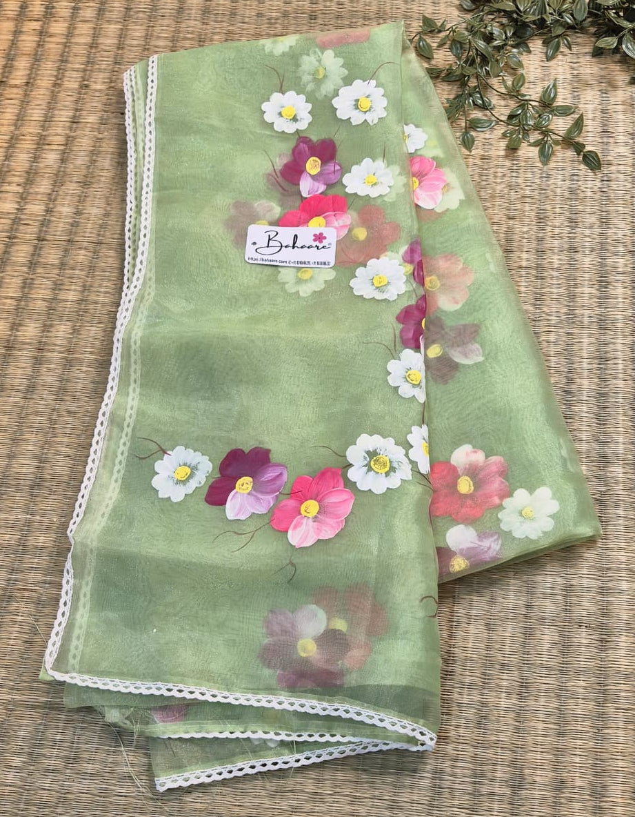 Utsav | Light Olive Organza Silk Saree with Flower Hand Painted Design