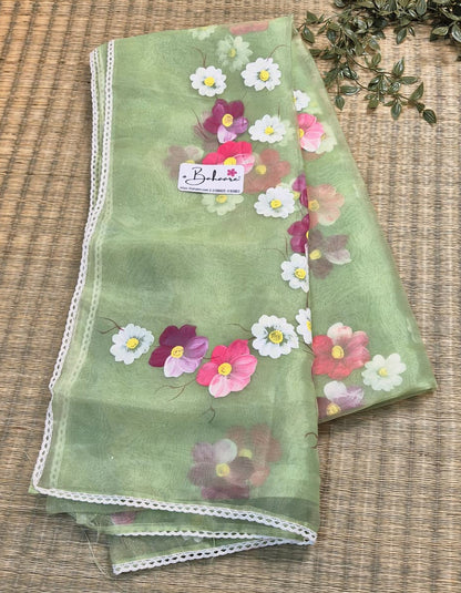 Utsav | Light Olive Organza Silk Saree with Flower Hand Painted Design